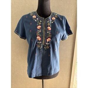 Rare Vintage 60s Daffodil Short Sleeve Navy Blue Floral Hand Embroidered